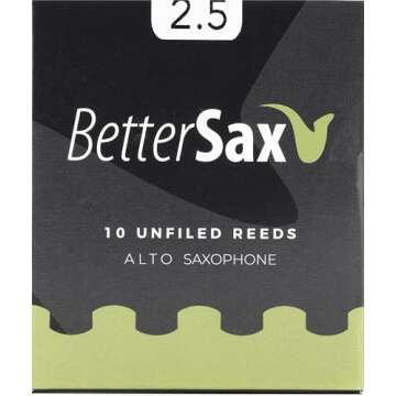 BetterSax Premium Alto Saxophone Reeds 2.5 Strength (10-Pack) - Organic, Durable, Perfect for Jazz M...