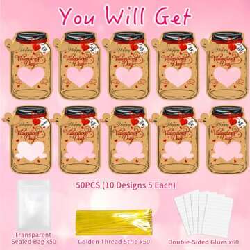 Natonhi Valentines Day Cards for Kids, 50 Pack Bulk Mason Jar Valentines Day Candy Gift Cards, Valen...