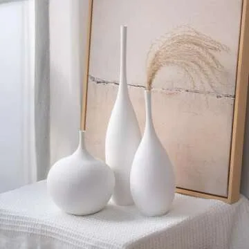 Relexome White Ceramic Vase Modern Boho Wabi-Sabi Flower Vase Set of 3 Decorative Aesthetic Vases for Centerpieces Pampas Matte Minimalist Vase for Living Room Table Shelf Home Decor Gift