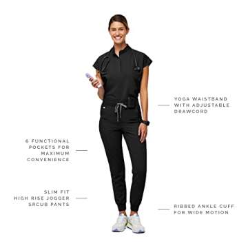 FIGS Zamora High Waisted Jogger Style Scrub Pants for Women - Black, Regular XXS