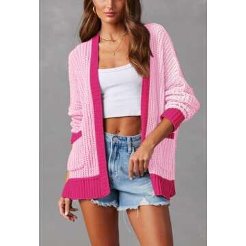 Pink Queen Casual Loose Color Block Sweater Cardigan for Women Trendy Fall Long Sleeve Open Front Ca...