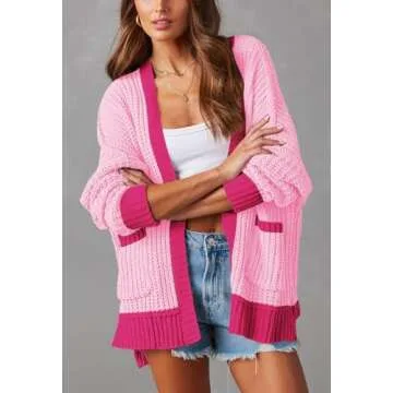 Pink Queen Casual Loose Color Block Sweater Cardigan for Women Trendy Fall Long Sleeve Open Front Cable Knit Cardigan Sweater with Pockets Pink S