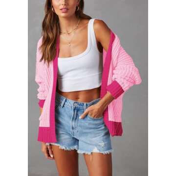 Pink Queen Casual Loose Color Block Sweater Cardigan for Women Trendy Fall Long Sleeve Open Front Cable Knit Cardigan Sweater with Pockets Pink S