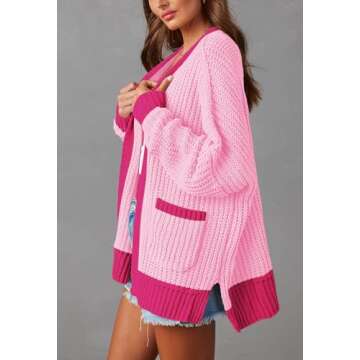 Pink Queen Casual Loose Color Block Sweater Cardigan for Women Trendy Fall Long Sleeve Open Front Cable Knit Cardigan Sweater with Pockets Pink S
