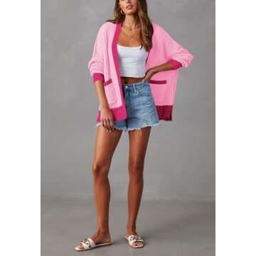 Pink Queen Casual Loose Color Block Sweater Cardigan for Women Trendy Fall Long Sleeve Open Front Cable Knit Cardigan Sweater with Pockets Pink S