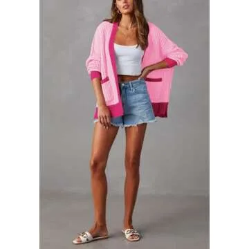 Pink Queen Casual Loose Color Block Sweater Cardigan for Women Trendy Fall Long Sleeve Open Front Cable Knit Cardigan Sweater with Pockets Pink S