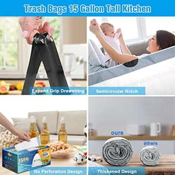 Trash Bags 15 Gallon Tall Kitchen, Drawstring Garbage Bags, Recyclable Strong Large Recycling Kitchen Bags, Fresh Clean Unsented Trash Bags for Indoor Outdoor