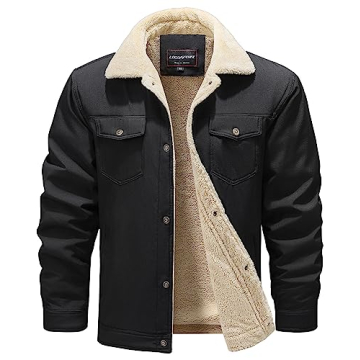 HOW'ON Men's Casual Sherpa Fleece Lined Jacket Warm Coat With Fur Collar Black L