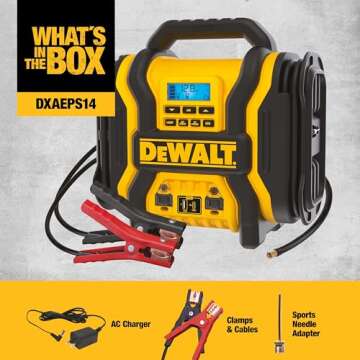 DEWALT DXAEPS14-Type2 2000 Peak Battery Amp 12V Automotive Battery Booster Jump Starter/Power Station with 500 Watt AC Power Inverter, 120 PSI Digital Compressor, and 15W USBa Ports, 25W USBc Port