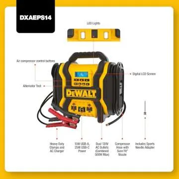 DEWALT DXAEPS14-Type2 2000 Peak Battery Amp 12V Automotive Battery Booster Jump Starter/Power Station with 500 Watt AC Power Inverter, 120 PSI Digital Compressor, and 15W USBa Ports, 25W USBc Port