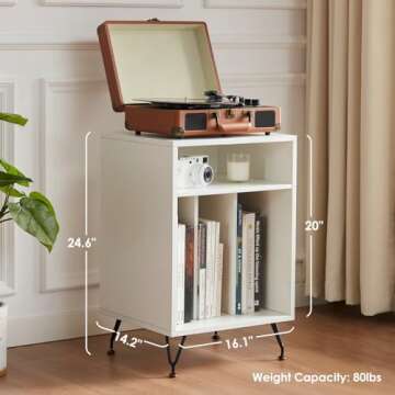 STARY Home, Table with Metal Legs Vinyl, Turntable Stand Record Player Cabinet for Living Room, Whit...
