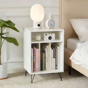 STARY Home, Table with Metal Legs Vinyl, Turntable Stand Record Player Cabinet for Living Room, White, Large