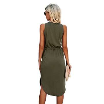 SweatyRocks Women's Sleeveless Adjustable Waist Button Midi Dress with Pocket Army Green L