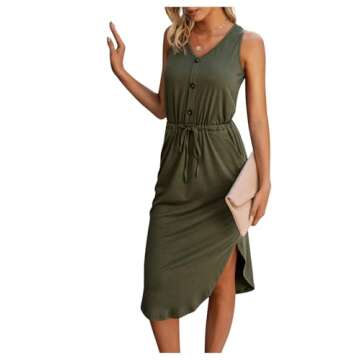 SweatyRocks Women's Sleeveless Adjustable Waist Button Midi Dress with Pocket Army Green L