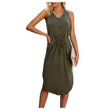 SweatyRocks Women's Sleeveless Adjustable Waist Button Midi Dress with Pocket Army Green L