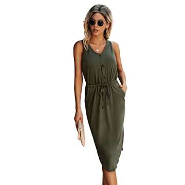 SweatyRocks Women's Sleeveless Adjustable Waist Button Midi Dress with Pocket Army Green L