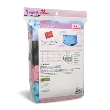 Hanes Girls' Big Comfort Underwear, Hipster Period Panties, Moderate Protection, 4-Pack, Boyshort-Pink/Blue/Black-4 Pack, 8