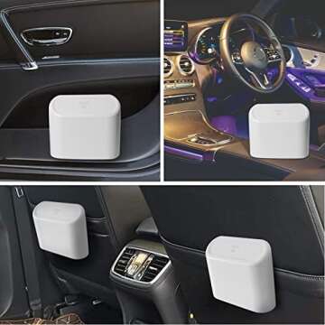 RENZHICHU Car Trash Can, Mini Car Accessories with Lid and Trash Bag, Cute Car Organizer Bin, Small Garbage Can for Storage and Organization (6.3x3.3x5.5IN) (Black Trash can) (White)