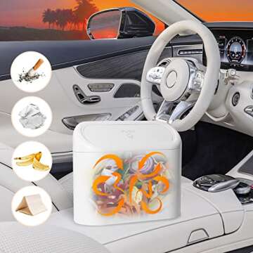 RENZHICHU Car Trash Can, Mini Car Accessories with Lid and Trash Bag, Cute Car Organizer Bin, Small Garbage Can for Storage and Organization (6.3x3.3x5.5IN) (Black Trash can) (White)