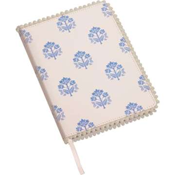 Eccolo Pom Pom Notebook Journal, Linen Flexicover, A5 Writing Journal with Ball Fringe Trim Cover, 256 Ruled Ivory Pages, Ribbon Bookmark, Lay Flat Notebook for Work or School, Blockprint Medallion