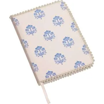 Eccolo Pom Pom Notebook Journal, Linen Flexicover, A5 Writing Journal with Ball Fringe Trim Cover, 256 Ruled Ivory Pages, Ribbon Bookmark, Lay Flat Notebook for Work or School, Blockprint Medallion
