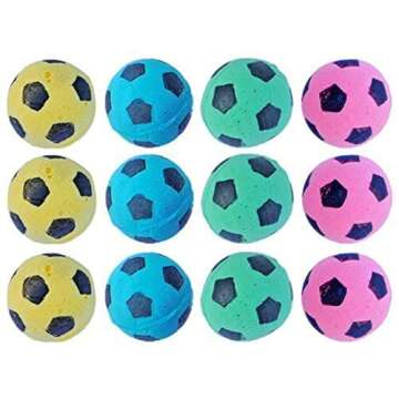 PETFAVORITES Cat Toy, Foam Sponge Soccer Ball (12 Pack), Interactive Pet Kitten Cat Exercise Toy Balls, Soft, Bouncy, Noise Free, Indoor, Pink, Yellow, Blue, Green