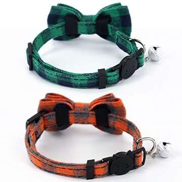 SuperBuddy Cat Collars Breakaway with Cute Bow Bell - 2 Pack Kitten Collar Plaid Cat Collar with Rem...