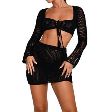 Yuemengxuan Women Crochet Knitted Skirts Set Hollow Out Lace up Swimsuit Cover Ups 2Pcs Knitted Outf...