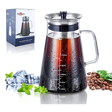 Aquach 34 Oz Cold Brew Coffee & Iced Tea Maker – Airtight Lid, Dishwasher Safe, Borosilicate Glass...