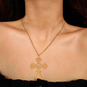 FUTIMELY Retro Big Cross Pendant Necklace for Women Men,18K Gold Silver Baroque Crystal Zircon Large Cross Necklace Bar Party Jewelry (Gold)