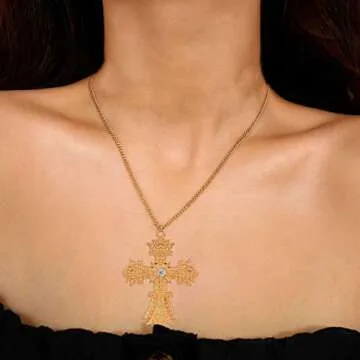 FUTIMELY Retro Big Cross Pendant Necklace for Women Men,18K Gold Silver Baroque Crystal Zircon Large Cross Necklace Bar Party Jewelry (Gold)