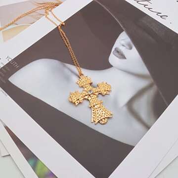 FUTIMELY Retro Big Cross Pendant Necklace for Women Men,18K Gold Silver Baroque Crystal Zircon Large Cross Necklace Bar Party Jewelry (Gold)