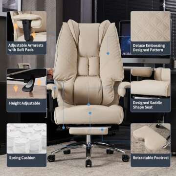 EXCEBET Big and Tall Office Chair 400lbs Wide Seat, Leather High Back Executive Office Chair with Foot Rest, Ergonomic Office Chair Lumbar Support for Lower Back Pain Relief (Beige)