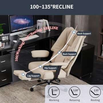 EXCEBET Big and Tall Office Chair 400lbs Wide Seat, Leather High Back Executive Office Chair with Foot Rest, Ergonomic Office Chair Lumbar Support for Lower Back Pain Relief (Beige)