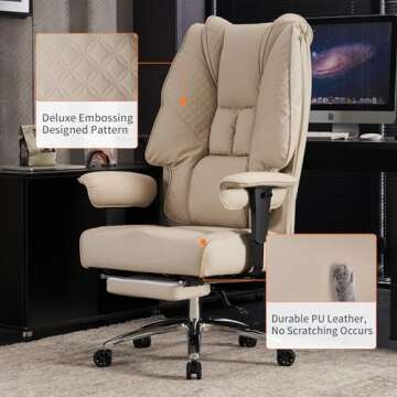 EXCEBET Big and Tall Office Chair 400lbs Wide Seat, Leather High Back Executive Office Chair with Foot Rest, Ergonomic Office Chair Lumbar Support for Lower Back Pain Relief (Beige)