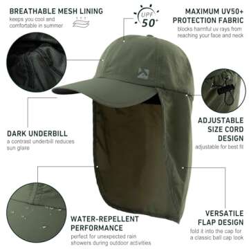 TOP-EX Mens Summer Baseball Cap with Neck Shade - Waterproof Sun Hat with Neck Flap Cover, UV SPF Protection Caps for Fishing Safari Outdoor Hiking, Army Green M/L