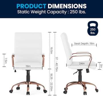 Flash Furniture Whitney Mid-Back Swivel LeatherSoft Desk Chair with Padded Seat and Armrests, Adjustable Height Padded LeatherSoft Office Chair, White/Rose Gold