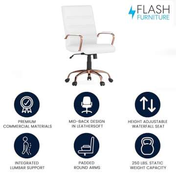 Flash Furniture Whitney Mid-Back Swivel LeatherSoft Desk Chair with Padded Seat and Armrests, Adjustable Height Padded LeatherSoft Office Chair, White/Rose Gold