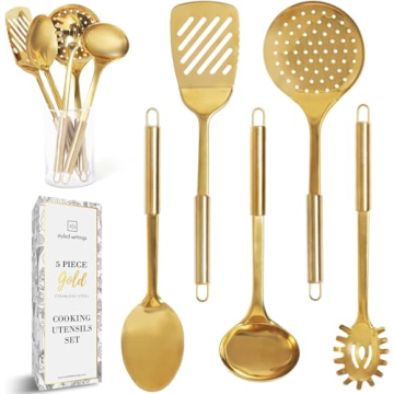 Gold Kitchen Utensil Set - 5 PC Stainless Steel for Modern Cooking & Serving - Dishwasher Safe Gold ...