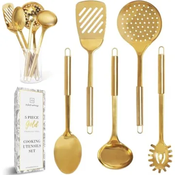 Gold Kitchen Utensil Set - 5 PC Stainless Steel for Modern Cooking & Serving - Dishwasher Safe Gold ...