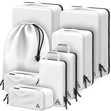 8-Piece Deluxe Compression Packing Cubes Travel - Maximize Space In Luggage With Double Capacity Des...