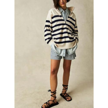 Yuemengxuan Women Y2k Striped Sweatshirts Quarter Zip Pullover Sweater Oversized Sweatshirt Hoodies Fall Fashion Outfits Trendy, White, Small