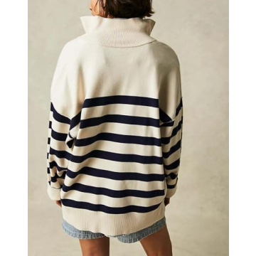 Yuemengxuan Women Y2k Striped Sweatshirts Quarter Zip Pullover Sweater Oversized Sweatshirt Hoodies Fall Fashion Outfits Trendy, White, Small