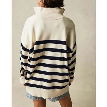 Yuemengxuan Women Y2k Striped Sweatshirts Quarter Zip Pullover Sweater Oversized Sweatshirt Hoodies Fall Fashion Outfits Trendy, White, Small