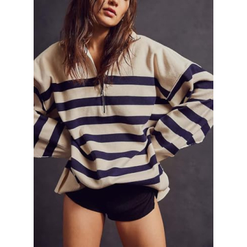 Yuemengxuan Women Y2k Striped Sweatshirts Quarter Zip Pullover Sweater Oversized Sweatshirt Hoodies Fall Fashion Outfits Trendy, White, Small