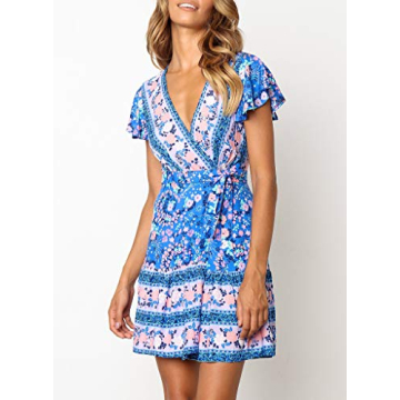 ZESICA Women’s Summer Wrap V Neck Bohemian Floral Print Ruffle Swing A Line Beach Mini Dress