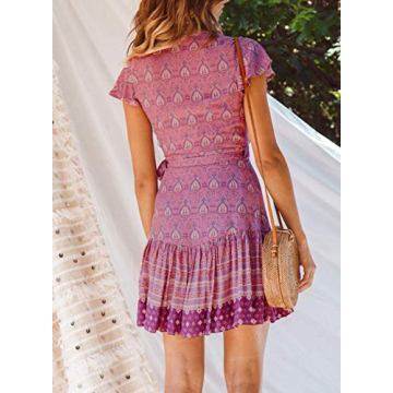 ZESICA Women’s Summer Wrap V Neck Bohemian Floral Print Ruffle Swing A Line Beach Mini Dress