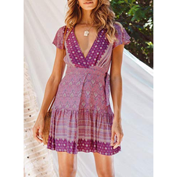 ZESICA Women’s Summer Wrap V Neck Bohemian Floral Print Ruffle Swing A Line Beach Mini Dress