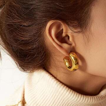 Chunky Gold Hoop Stud Earrings for Women 14K Gold Plated Open Hoops Lightweight Huggie Earrings Tren...