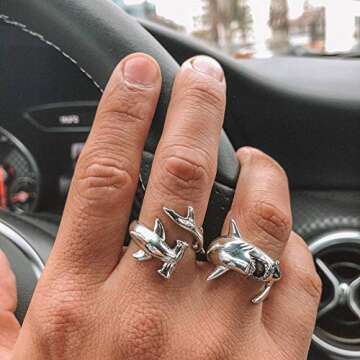 2pcs White Shark and Hammerhead Shark Rings Necklace Ocean Animal Personality Jewelry for Women Men ...